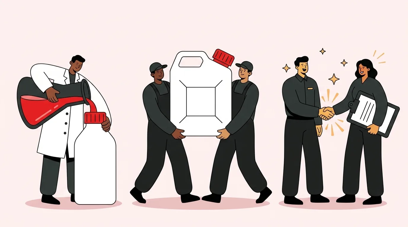 La squadra BZ Chem: un chimico versa un formulato, due addetti trasportano una tanica gigante, un consulente stringe la mano a un cliente